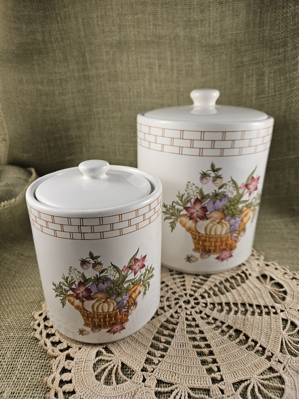 Floral Fruit Basket Ceramic Canister Set - White w Pink & Green Accents Lids VTG